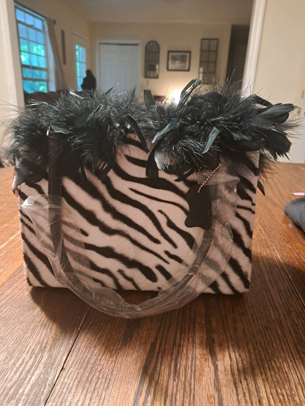 New Black White Zebra Feather Purse Handbag Top Handle Bag Tote